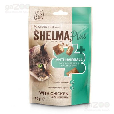 SHELMA Plus Anti-Hairball bezobilné vankúšiky pre mačku s kuracím a čučoriedkami 60g